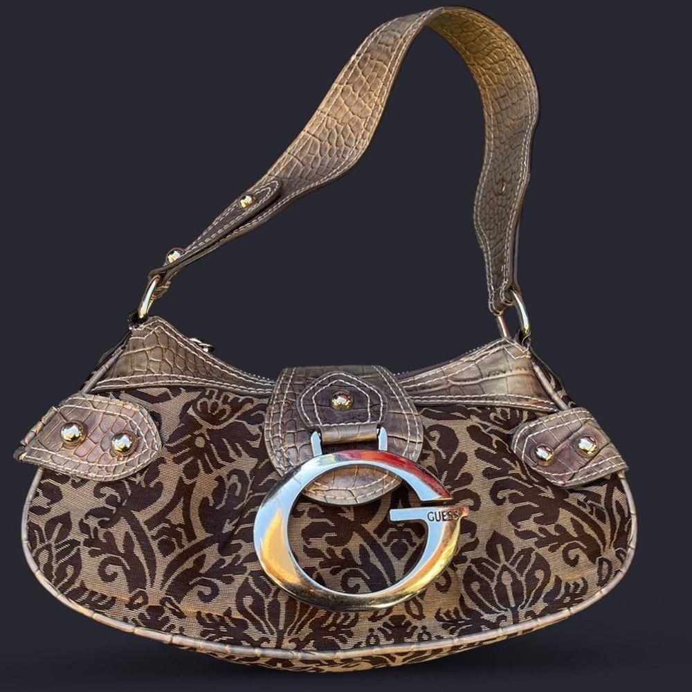 Guess Metallic Bronze and Black Patterned Shoulder Bag